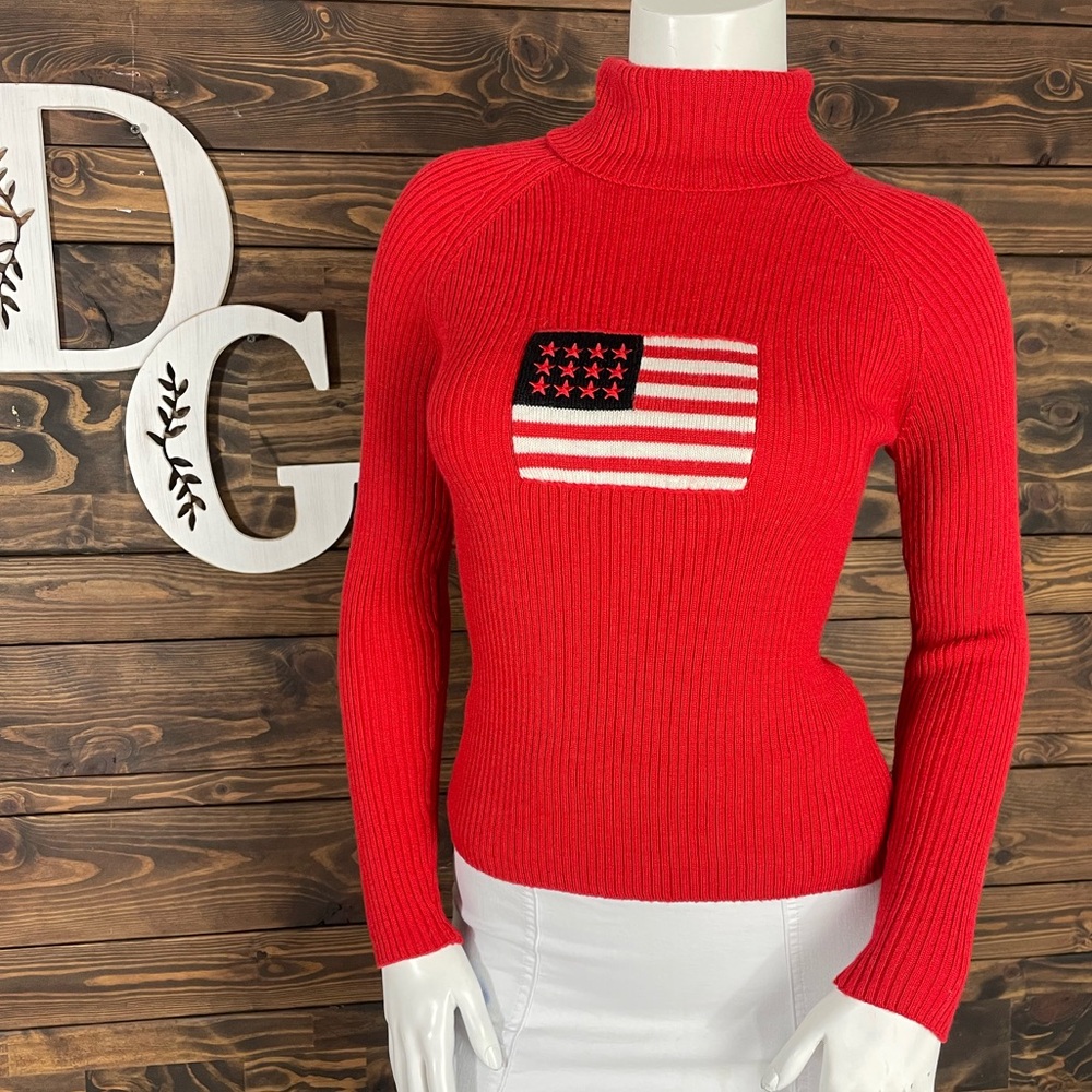 J•Jong | American Flag Embroidered Ribbed Knit Bright Red‎ Turtleneck Sweater